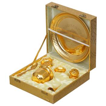 One golden pooja thali set with diya, ghanti, kalash, spoon, agarbatti stand, bowl 3
