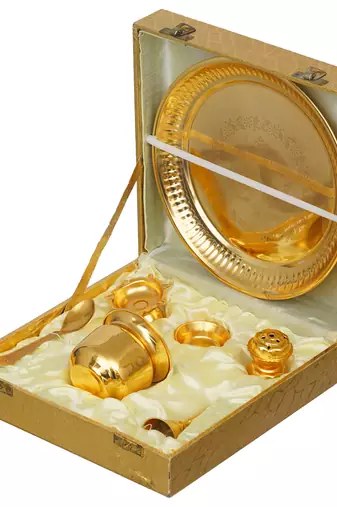 One golden pooja thali set with diya, ghanti, kalash, spoon, agarbatti stand, bowl