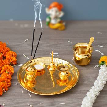 One golden pooja thali set with diya, ghanti, kalash, spoon, agarbatti stand, bowl 4