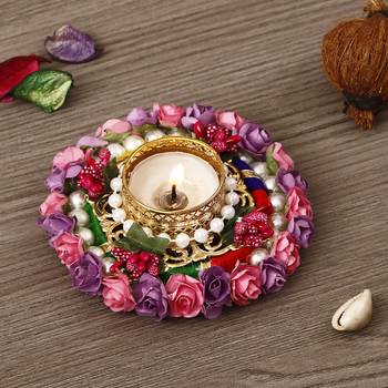 One pink and purple floral handcrafted round tea light holder 1