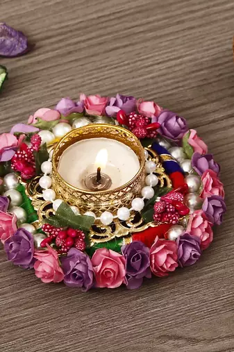 One pink and purple floral handcrafted round tea light holder
