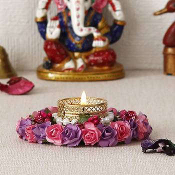 One pink and purple floral handcrafted round tea light holder 2