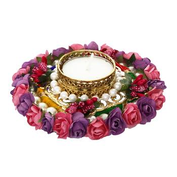 One pink and purple floral handcrafted round tea light holder 3