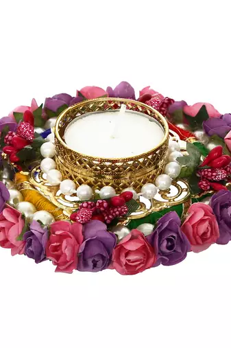 One pink and purple floral handcrafted round tea light holder
