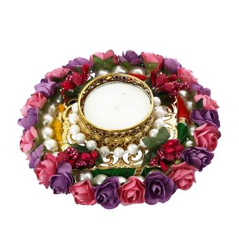 One pink and purple floral handcrafted round tea light holder 4