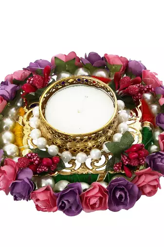 One pink and purple floral handcrafted round tea light holder