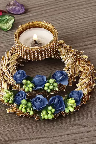 One blue floral designer handcrafted tea light holder