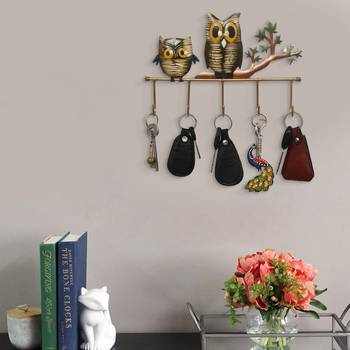 One owl theme colorful tribal art 5 hooks iron key holder 2