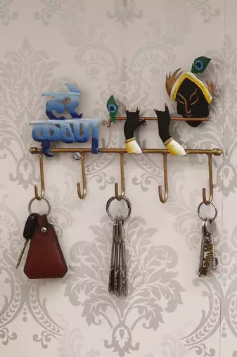 One hare krishna colorful tribal art 5 hooks iron key holder