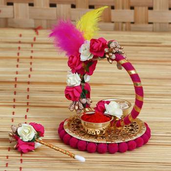 One handcrafted decorative roli tikka holder with designer stick and colorful feathers 1