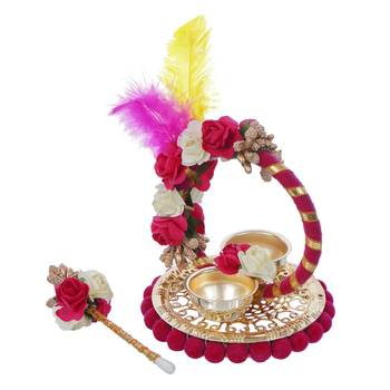 One handcrafted decorative roli tikka holder with designer stick and colorful feathers 2