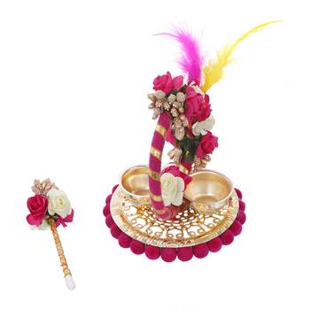 One handcrafted decorative roli tikka holder with designer stick and colorful feathers 3