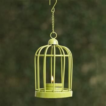 One green iron cage shaped tea light candle holder with hanging chain 1