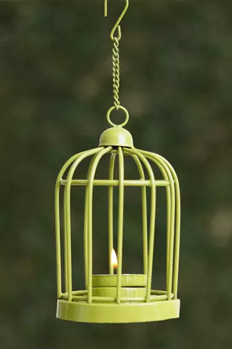 One green iron cage shaped tea light candle holder with hanging chain