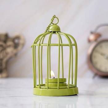 One green iron cage shaped tea light candle holder with hanging chain 2