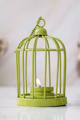 One green iron cage shaped tea light candle holder with hanging chain