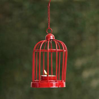 One red iron cage shaped tea light candle holder with hanging chain 1