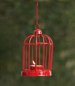 One red iron cage shaped tea light candle holder with hanging chain