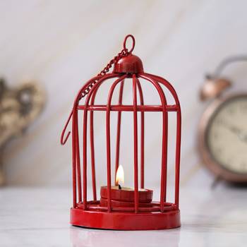 One red iron cage shaped tea light candle holder with hanging chain 2