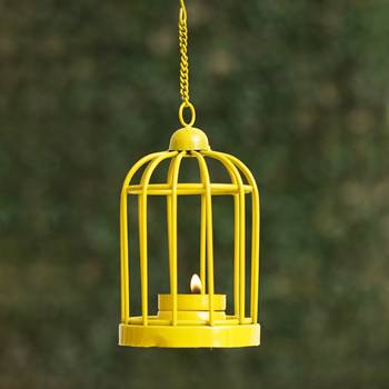 One yellow iron cage shaped tea light candle holder with hanging chain 1