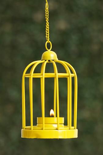 One yellow iron cage shaped tea light candle holder with hanging chain