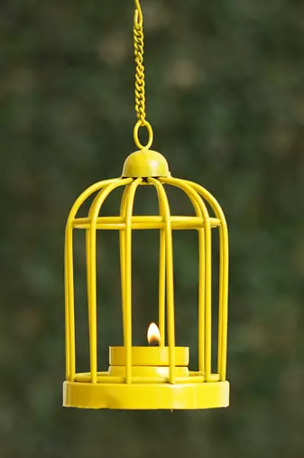 One yellow iron cage shaped tea light candle holder with hanging chain
