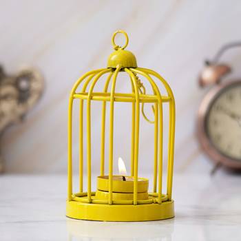 One yellow iron cage shaped tea light candle holder with hanging chain 2