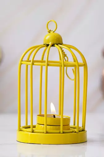 One yellow iron cage shaped tea light candle holder with hanging chain