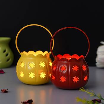 Set of 2 red yellow metal cup flowers decorative hanging lanterns tea light candle holders 1
