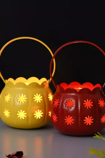 Set of 2 red yellow metal cup flowers decorative hanging lanterns tea light candle holders