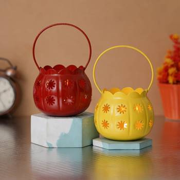 Set of 2 red yellow metal cup flowers decorative hanging lanterns tea light candle holders 2