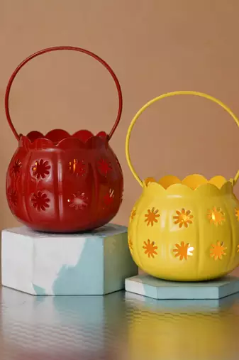 Set of 2 red yellow metal cup flowers decorative hanging lanterns tea light candle holders