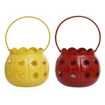 Set of 2 red yellow metal cup flowers decorative hanging lanterns tea light candle holders 3