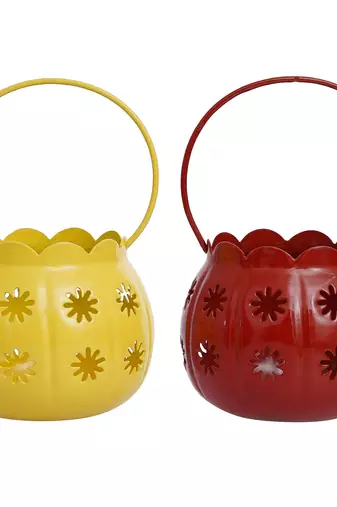 Set of 2 red yellow metal cup flowers decorative hanging lanterns tea light candle holders