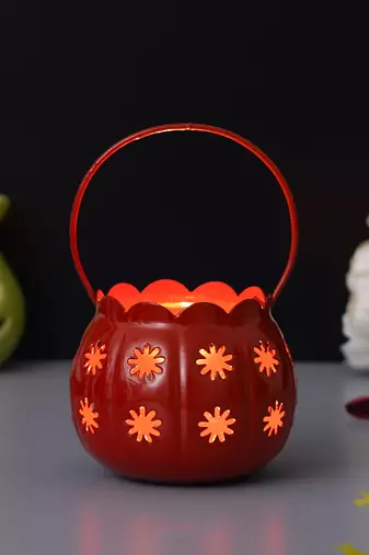 Set of 2 red yellow metal cup flowers decorative hanging lanterns tea light candle holders