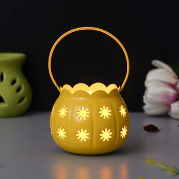 1 yellow metal cup flowers decorative hanging lanterns tea light candle holder 1