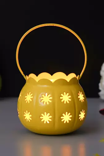 1 yellow metal cup flowers decorative hanging lanterns tea light candle holder