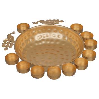 One golden metal traditional peacock designer urli with 11 tea light holders 3