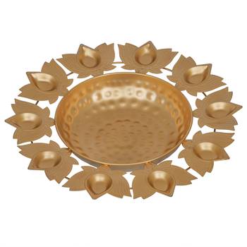 One golden metal handcrafted traditional designer urli with 9 lotus shape diyas 3