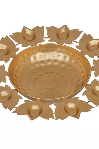 One golden metal handcrafted traditional designer urli with 9 lotus shape diyas