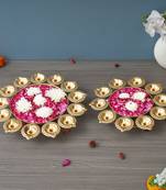 One set of 2 golden metal handcrafted flower shape designer urlis with diyas
