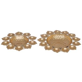 One set of 2 golden metal handcrafted flower shape designer urlis with diyas 3