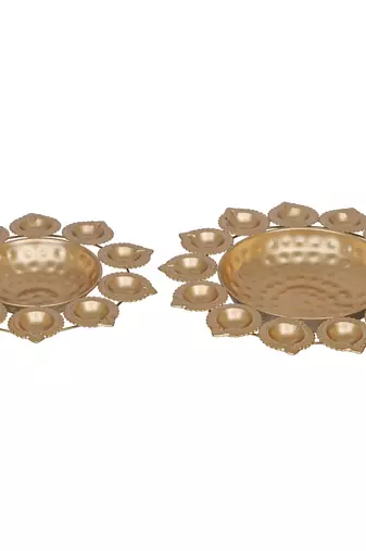 One set of 2 golden metal handcrafted flower shape designer urlis with diyas