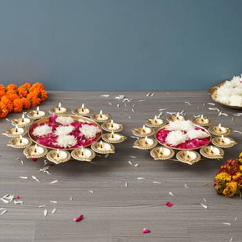 One set of 2 golden metal handcrafted flower shape designer urlis with diyas 4