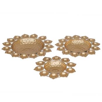 One set of 3 golden metal handcrafted flower shape designer urlis with diyas 3