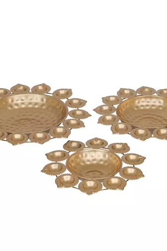 One set of 3 golden metal handcrafted flower shape designer urlis with diyas