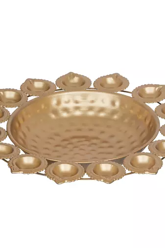One golden metal handcrafted designer urli with 15 diyas