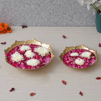 One set of 2 golden metal handcrafted traditional lotus flower designer urli 2
