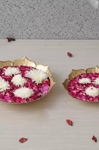 One set of 2 golden metal handcrafted traditional lotus flower designer urli