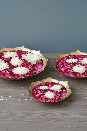 One set of 3 golden metal handcrafted traditional lotus flower shape designer urlis